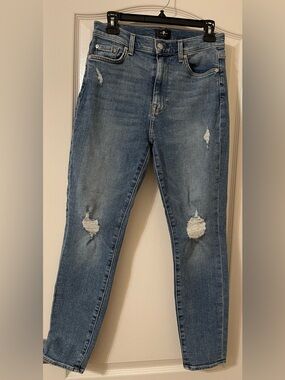 7 For All Mankind Distressed High Waisted Skinny Jeans in Medium Blue